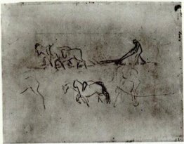 Sketches of Peasant Plowing with Horses