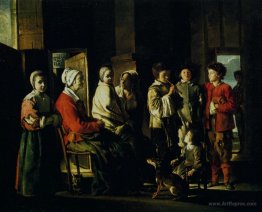 Country interior with the young player of flageolet