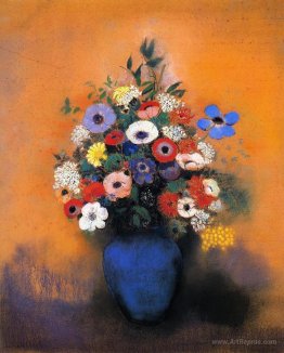 Minosas, Anemonies and Leaves in a Blue Vase