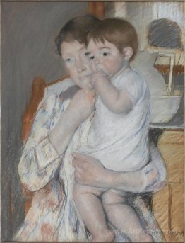 Woman and child in front of a shelf which are placed a jug and b