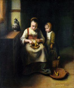 A Woman Scraping Parsnips, with a Child Standing by Her