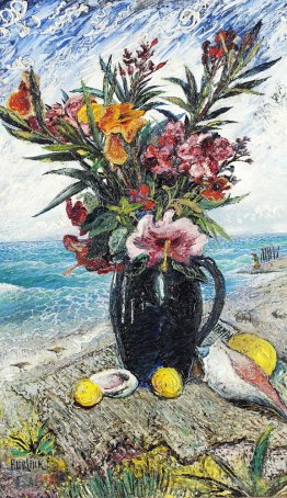 Still life with flowers by the sea