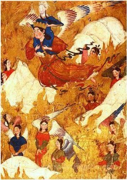 Archangel Gabriel carries the Prophet Muhammad over the mountain