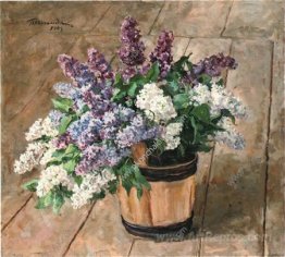 Still Life. Lilacs in a bucket on the floor.