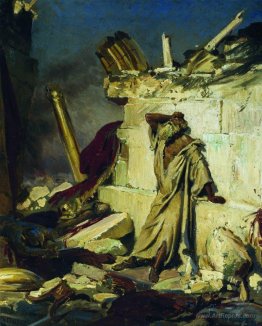 Cry of prophet Jeremiah on the Ruins of Jerusalem (on a Bible su