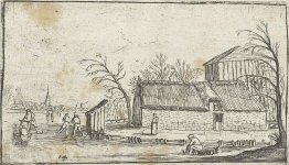 Frozen River with Skaters near a farmhouse