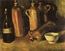 Still Life with Four Stone Bottles, Flask and White Cup