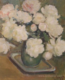 White Peonies in Green Vase