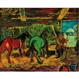 Red and green horses in a stable