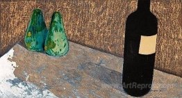 Still life with bottle and green pears