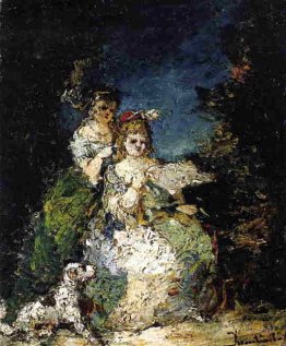 Young Girls and Dog in a Park