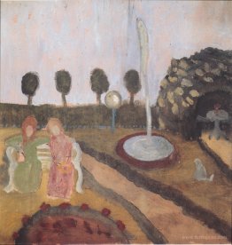 Two women in the garden with fountain