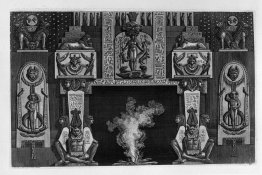 Fireplace Egyptian-style: three seated figures on each side