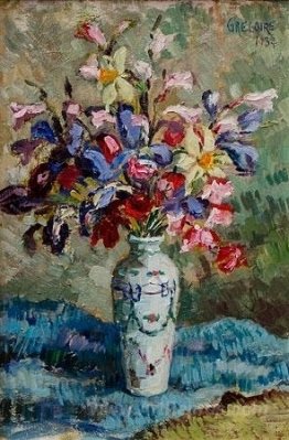 Mixed flowers in a porcelain vase