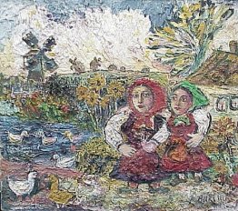 Two Girls in a Farmyard with Ducks and a Windmill