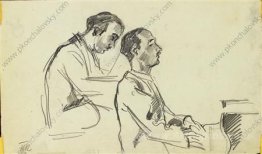 Two sketches of Italian pianist Carlo Tsekki at the piano for a