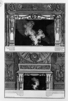 Two fireplaces overlapping: the support with a mask wreathed cro