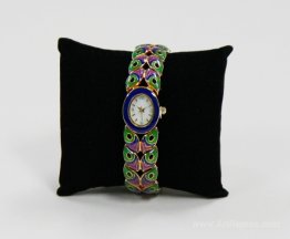 Watch, enameled peacock feather style watchband, mother of pearl