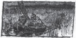 Sketch of two hunters in boat