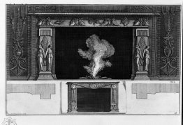 Fireplace with a frieze of masks, winged figures at the hips; ot