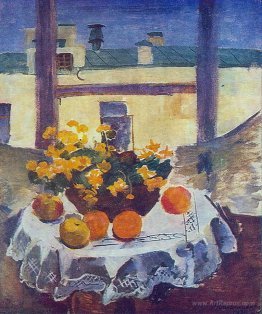 Still Life. Table with fruits and yellow flowers.