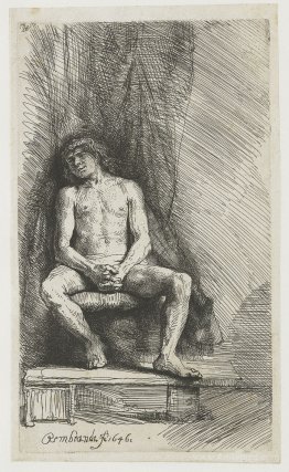 Nude man seated before a curtain