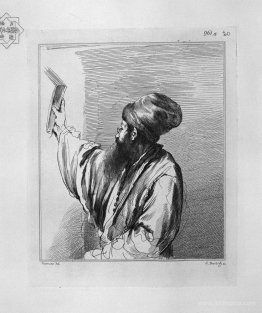 Half figure of a man in the act of hanging a picture, by Guercin