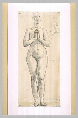 Nude woman standing, front view, hands clasped in front of the c