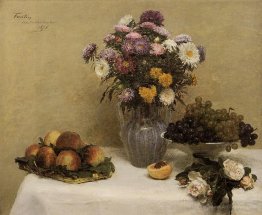 White Roses, Chrysanthemums in a Vase, Peaches and Grapes on a T