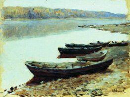 Landscape on Volga. Boats by the Riverbank.