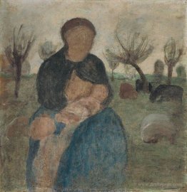 Mother with baby at her breast, and child in landscape