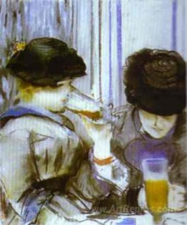 Two women drinking bocks