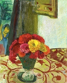 Vase with zinnias