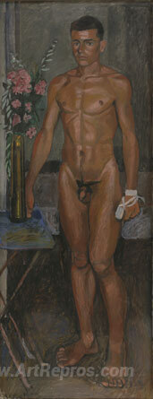 Nude youth with oleanders and a bandage on his hand