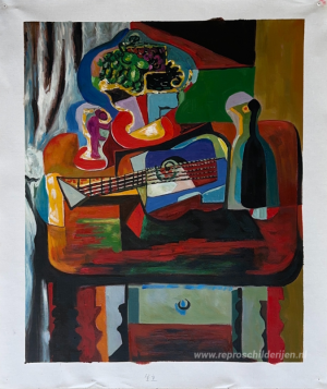 Guitar, bottle, fruit dish and glass on the table